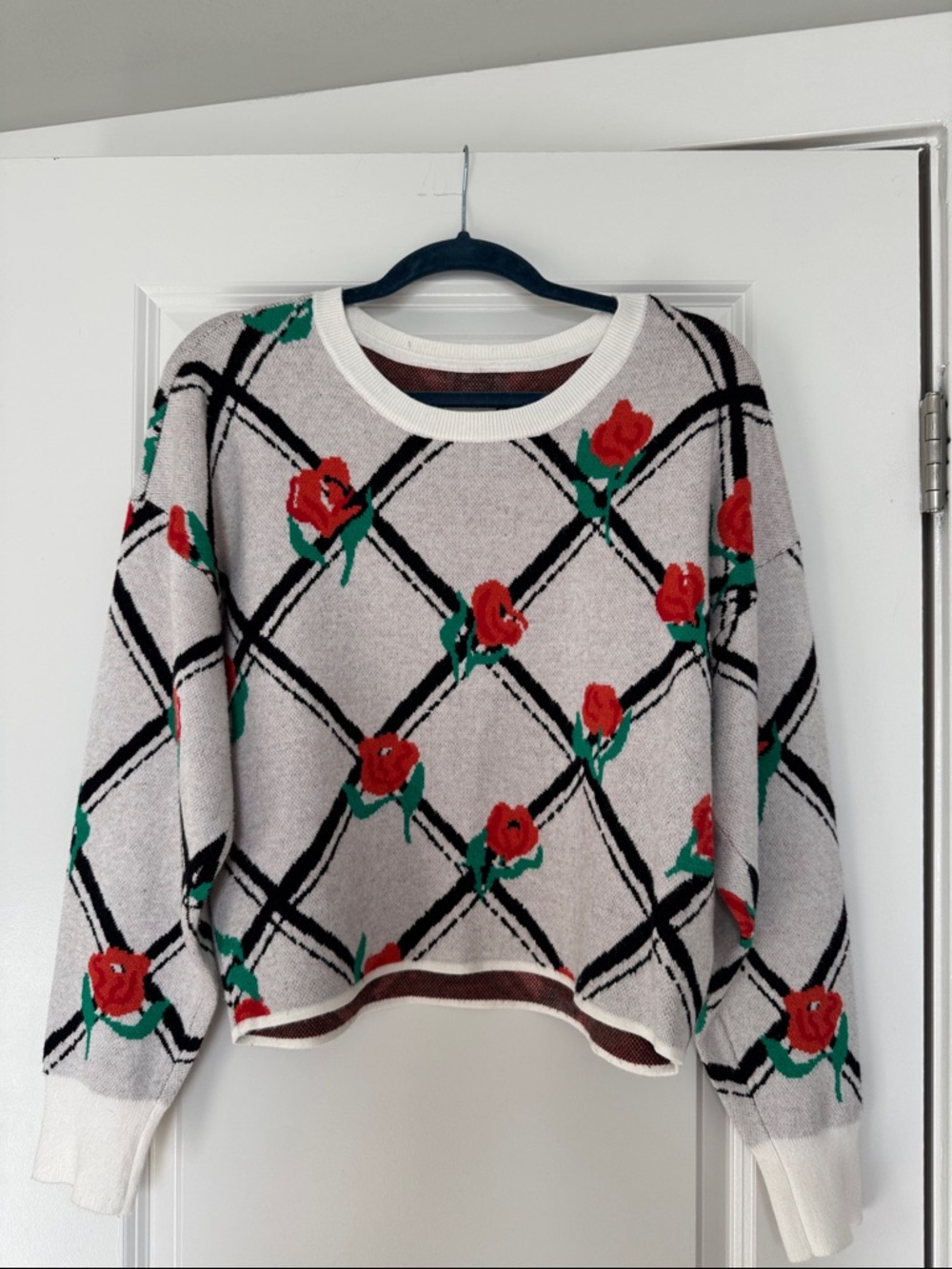 Maeve by Anthropologie Cream Crewneck Sweater with Red Roses